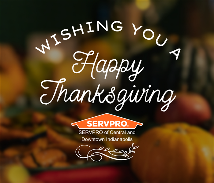 Thanksgiving-themed graphic with a blurred background of pumpkins and fall decorations, featuring SERVPRO logo